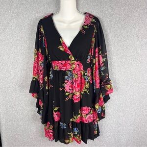 Y2K Betsey Johnson Bambi Sheer Ruffle Bell Sleeve Floral Dress Black Pink Sz 10
